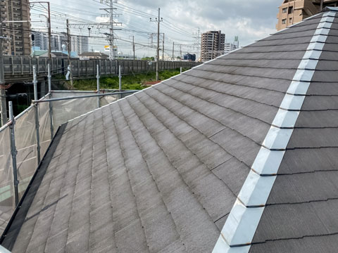 紫外線や雨水などの影響を受けて屋根の表面塗膜が劣化し、色あせています。