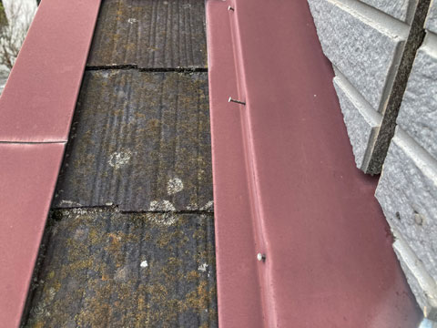 振動などの影響で、壁際水切りを固定している釘が飛び出しています。