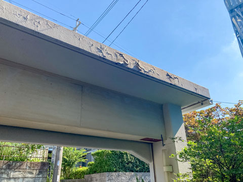 紫外線や雨水などの影響でパラペットの表面塗膜が劣化し、剥離しています。