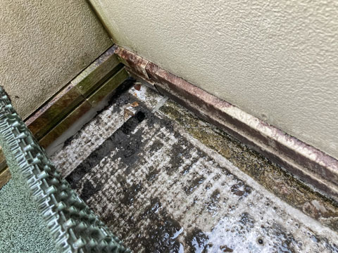 紫外線や雨水・湿気などの影響により防水層が劣化し、撥水性能が低下して黒ずみやコケなどの汚れが付着しています。
